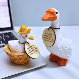 Può includere: Due statuette di oca in legno intagliato. Un'oca è in un cestino intrecciato e indossa un cappello giallo. L'altra oca è in piedi. Entrambe hanno etichette che recitano "CRISTINA'S EMOTIONAL SUPPORT GOOSE. DO NOT PET."