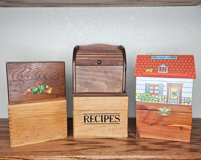 Choice Wood Recipe Boxes - Vintage MCM Kitchen Organizer - USA and Japan Made