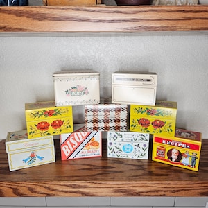 Vintage Choice Recipe Tins - MCM Kitchen Organizer - USA and England Made