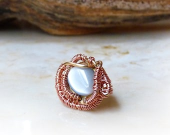 White Cats Eye, Bronze & Copper Tie Tack, Tie Clip, Tie Pin - Handmade Wire Wrapped Jewelry for Men, Gift for Men, Gift for Him, OOAK