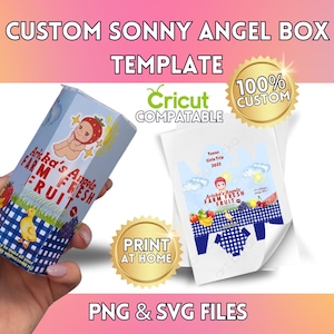 May include: A custom Sonny Angel box template with a blue and white gingham pattern. The box features the text "Arika's Angels Farm Fresh Fruits" and a graphic of a baby with a strawberry hat. Includes PNG and SVG files.
