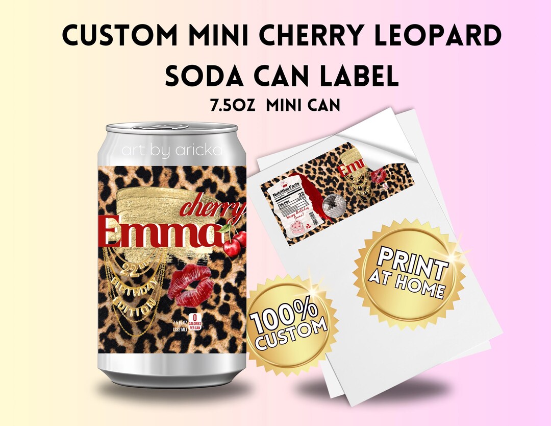 Custom Mini Soda 7.5OZ Can Label, Personalized Leopard Cheetah Girly ...