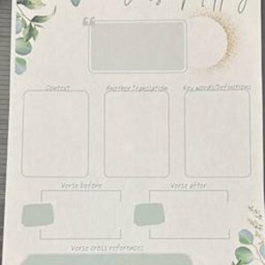 May include: A printable worksheet with a light green and gold floral design. The worksheet is titled "Verse Mapping" and has sections for context, another translation, key word definitions, verse before, verse after, and verse cross references.
