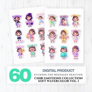 Chibi Kawaii Stickers, Soft Watercolor Emotions, message reaction, Pastel Girl Pack (Digital Download)