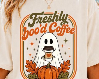 Halloween Ghost Freshly Boo'd Coffee Lover Vintage Halloween Retro Ghost PNG, Spooky Coffee Lover Sublimation Design, Fall Pumpkin PNG