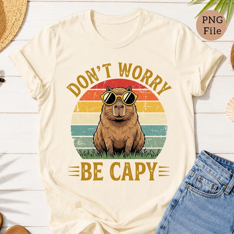 May include: Cream-colored t-shirt featuring a retro design with a capybara wearing sunglasses. The text "DON'T WORRY BE CAPY" is printed above and below the capybara illustration, set against a sunset-style background.