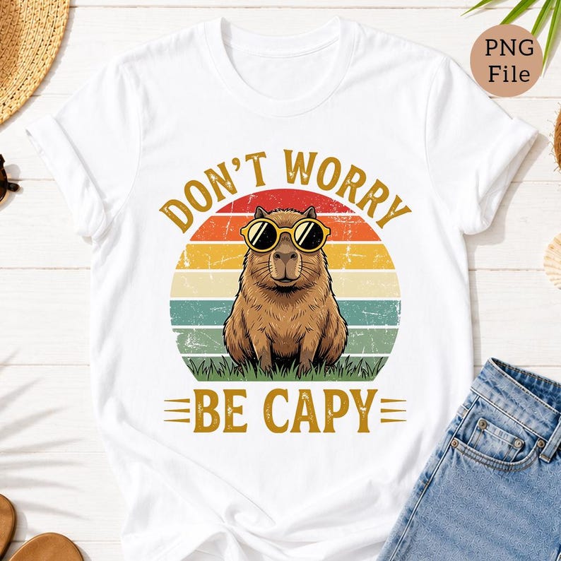 May include: White t-shirt featuring a brown capybara wearing sunglasses, set against a retro sunset design. The shirt includes the text "DON'T WORRY BE CAPY" in a vintage font. The capybara is sitting on green grass.