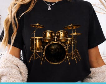 Vintage Bronze Drum Set for Drummers & Musicians Printable Wall Art PNG, Drum Kit Digital Download, Music Studio Decor Gift