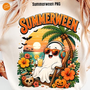 May include: A white t-shirt featuring a cartoon ghost relaxing on a beach chair, wearing sunglasses and headphones, and holding a tropical drink. The design includes the text "Summerween" in orange, a sunset, palm trees, and Halloween-themed elements.