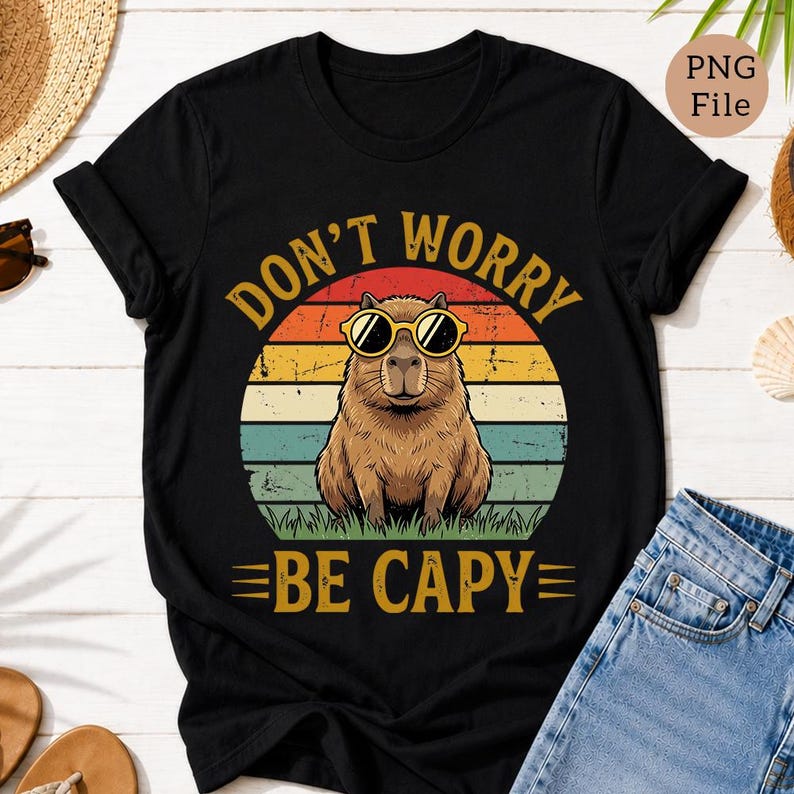 May include: Black t-shirt featuring a capybara wearing sunglasses, set against a retro sunset design. The text "DON'T WORRY BE CAPY" is printed in gold. The shirt is made of a soft material.