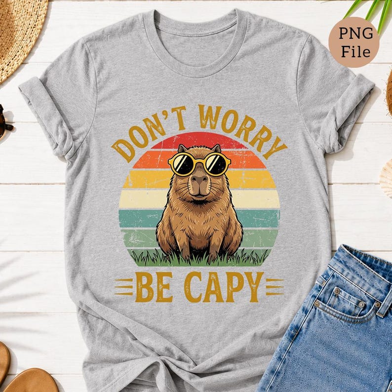 May include: A light gray t-shirt featuring a capybara wearing sunglasses, set against a retro sunset design. The text "DON'T WORRY BE CAPY" is printed in gold. The shirt is paired with blue denim jeans.