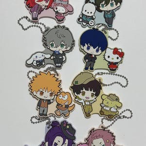 Blauwe sleutelhanger met Sanrio-personages, samenwerking, rubberen mascotte, anime/manga, Hello Kitty, Cinnamoroll. Niet te koop. Nieuw, schattig, Japan.