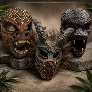 Könnte beinhalten: Ein Set aus drei Masken mit der Aufschrift Black Panther Tribal Trio Mask Set. Die linke Maske ist braun mit geometrischen Mustern und entblößten Zähnen. Die mittlere Maske hat Hörner und braunes Fell. Die rechte Maske ist schwarz und strukturiert.