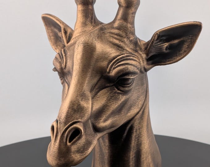 Featured listing image: Hand-Finished Giraffe Head Bust | African Wildlife Bronze Sculpture | Safari Modern Rustic Animal Decor | Office Desk or Bookshelf Statement