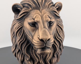 Lion Head Bust Statue, African Safari Home Decor, Bronze-Finish Wildlife Sculpture, Office Boss Gift