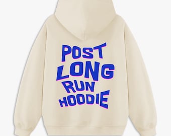 May include: A cream colored hoodie with a blue and pink graphic that says "POST LONG RUN HOODIE" on the back.