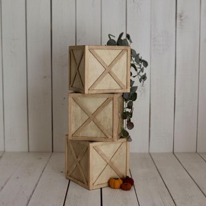 May include: Three stacked wooden crates with an X design on each side. The crates are light brown with darker brown trim. A few small pumpkins and greenery are at the base of the crates, set against a white wooden backdrop.