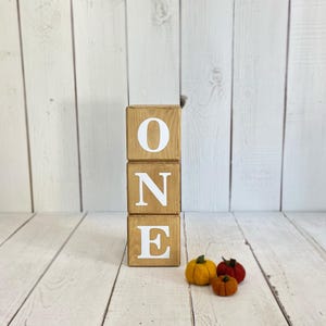 Puede incluir: Bloques de madera que deletrean la palabra "ONE" en letras blancas. Los bloques est&aacute;n apilados uno encima del otro. Hay tres peque&ntilde;as calabazas de fieltro delante de los bloques.