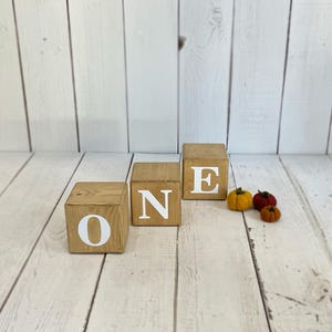 Puede incluir: Bloques de madera que deletrean la palabra "ONE" en letras blancas. Los bloques est&aacute;n dispuestos en l&iacute;nea sobre una superficie de madera blanca. Hay tres peque&ntilde;as calabazas de fieltro en el fondo.