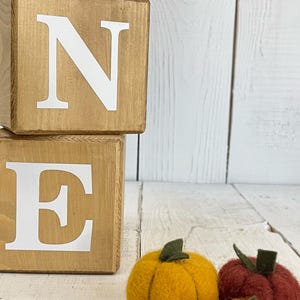 Puede incluir: Dos bloques de madera apilados uno encima del otro, deletreando la palabra "ONE" en letras blancas. Los bloques son de color marr&oacute;n claro y tienen un acabado r&uacute;stico.