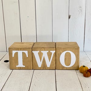 May include: Three wooden blocks spelling out the word "TWO" in white letters. The blocks are arranged in a row on a white wooden surface. There are three small felt pumpkins in the foreground.