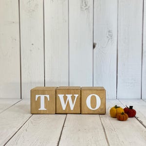 May include: Three wooden blocks spelling out the word "TWO" in white letters. The blocks are sitting on a white wood surface with three small felt pumpkins in front of them.