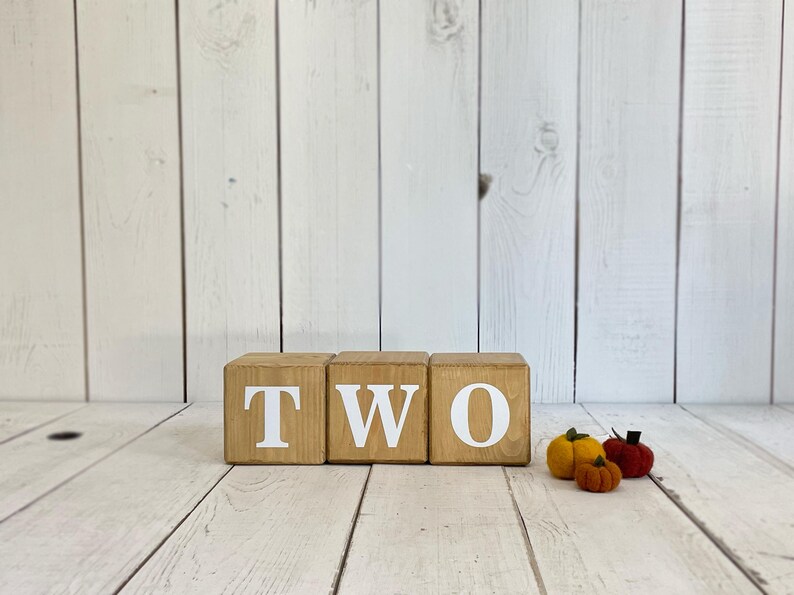 May include: Three wooden blocks spelling out the word "TWO" in white letters. The blocks are sitting on a white wood surface with three small felt pumpkins in front of them.