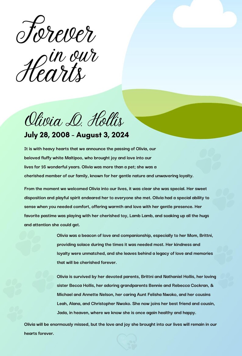 Pet Obituary Pet Loss Sympathy Dog Memorial Editable Instant