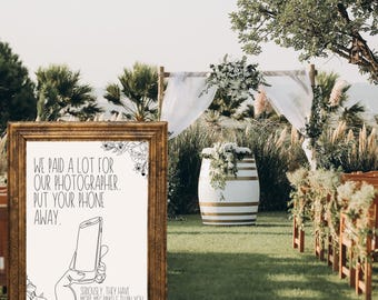 Letrero divertido para ceremonia de boda: "Guarda tu teléfono" / Diseño floral / 24 x 36 pulgadas / Decoración para bodas