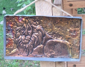 Steel, framed, copper, lion,  patina, embossed, 4 x 7, King of Jungle