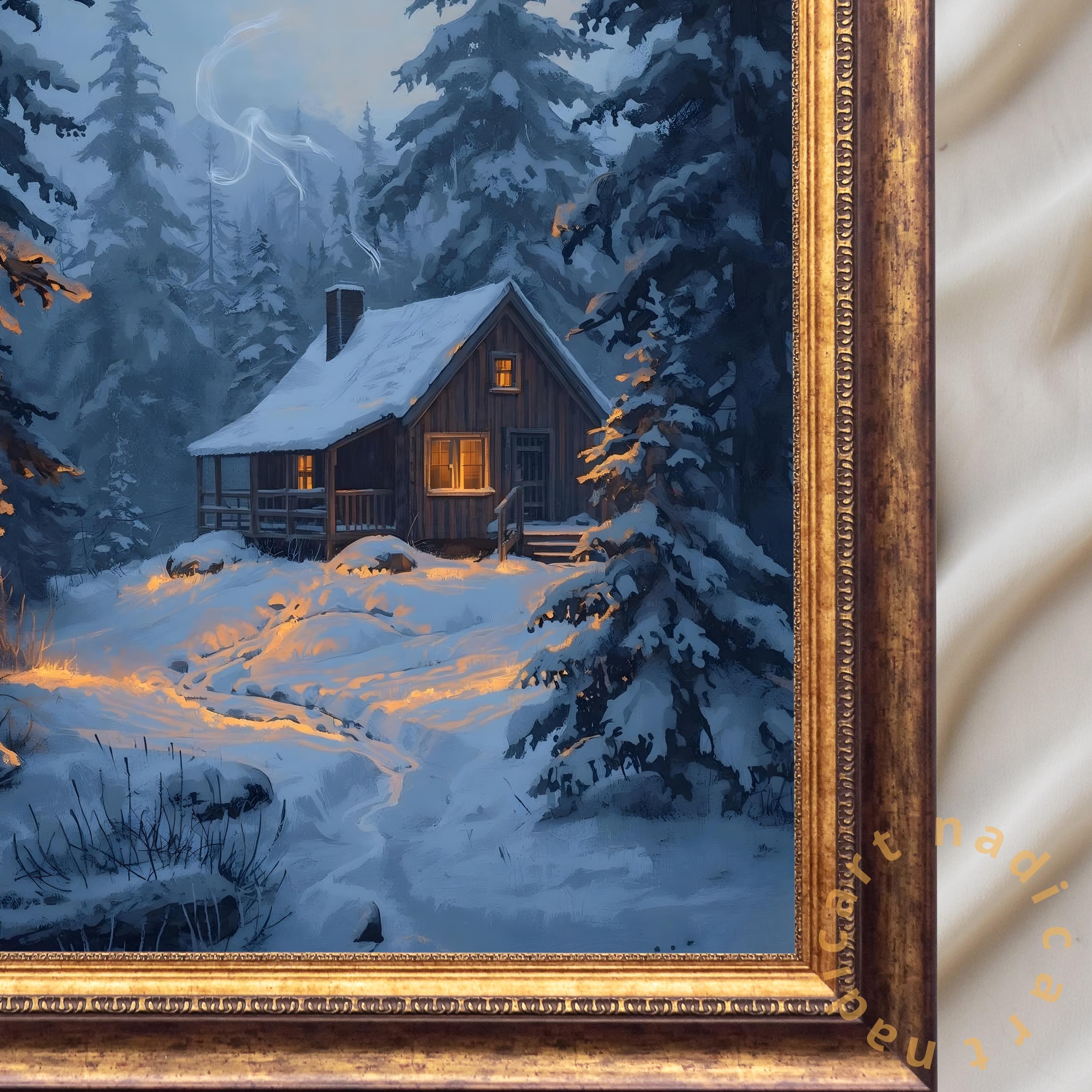Cozy Winter Cabin Art Print – Snowy Forest Landscape, Warm Lights ...