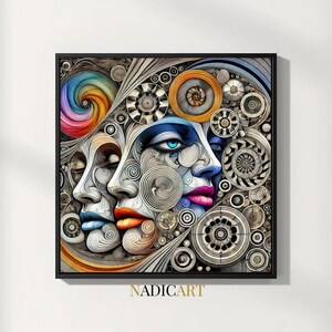 Surreal Geometric Faces: Colorful Abstract Portrait Digital Print for Modern Home Decor