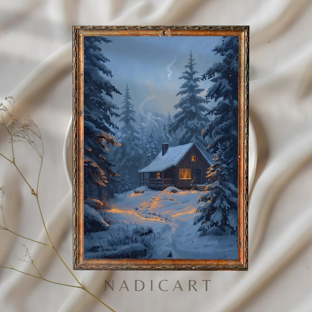 Cozy Winter Cabin Art Print – Snowy Forest Landscape, Warm Lights ...