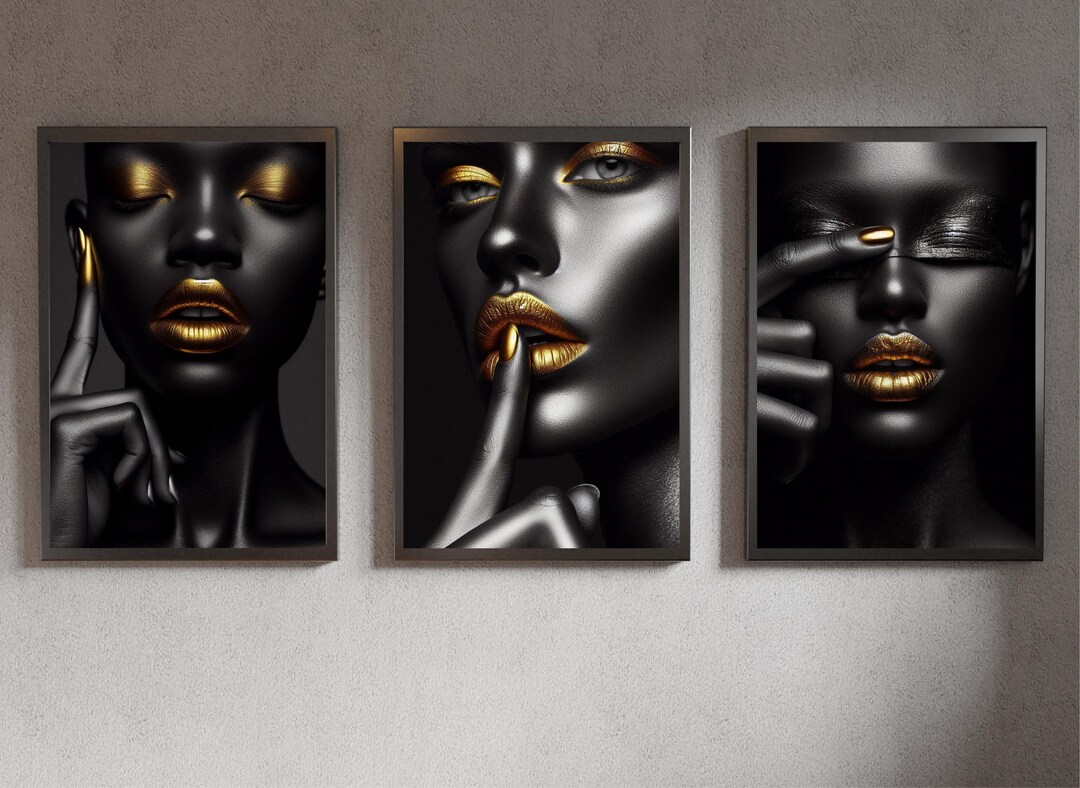Black & Gold Woman Triptych – Modern Minimalist 3‑piece Wall Art Set ...