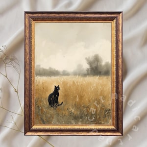 Peut inclure: Impression d'art encadrée représentant un chat noir dans un champ d'herbes hautes et dorées. L'œuvre d'art a une esthétique vintage avec une palette de couleurs sourdes de bruns, de verts et de beige. Le cadre est en bois foncé et orné.