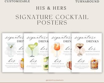 Custom His & Hers Signature Drink Sign | Wedding Bar Menu Printable | Personalized Cocktail Sign | Wedding Decor
