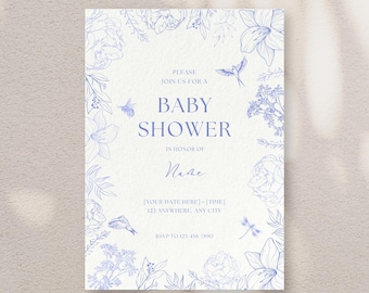 Blue Boy Baby Shower Invitation | Floral Baby Shower Invite for Boy | Printable Digital Baby Shower Card | Personalized Baby Shower Template