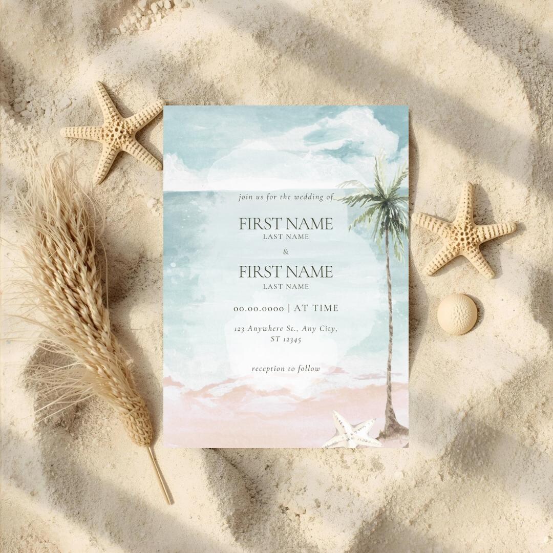 Custom Palm Tree Wedding Invitation | Beach Wedding Invite | Pastel ...