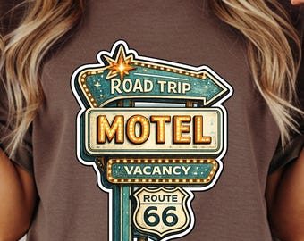 Vintage Road Trip Motel Vacancy Sign T-Shirts, Retro Route 66 Neon Light Graphic Tee, Classic Americana Travel Gift Idea