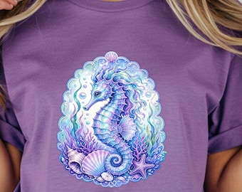Whimsical Seahorse T-Shirt, Mermaidcore Ocean Magic Comfort Colors Tee, Sparkling Pastel Fantasy Marine Life Gift