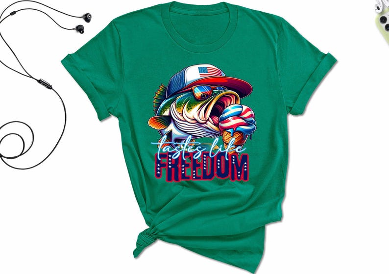 Tastes Like Freedom Shirt, Patriotic Fishing Graphic Tee, USA Flag Bass Fish Design, 4th of July Independence Day Shirt