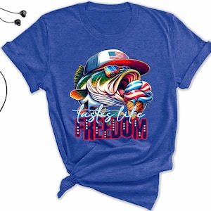 Tastes Like Freedom Graphic Tee, American Flag Fish Shirt, Patriotic T-shirt, Independence Day Outfit, USA Pride Apparel