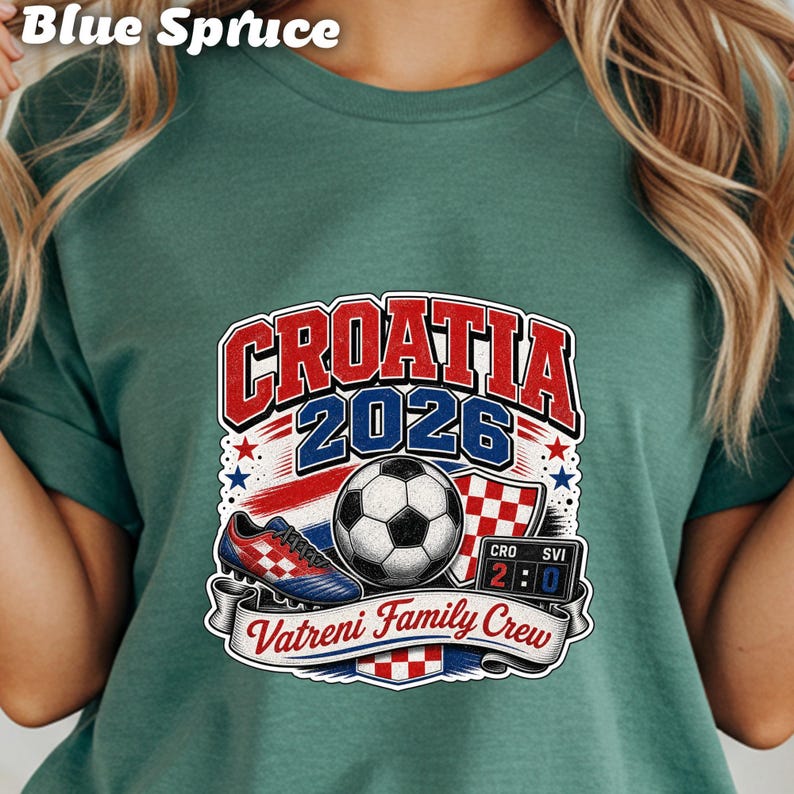 Croatia 2026 Vatreni Family Crew t-shirt with soccer ball and scoreboard.