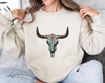 Boho Cow Skull Graphic Tee: Wild West Cowgirl Shirt
