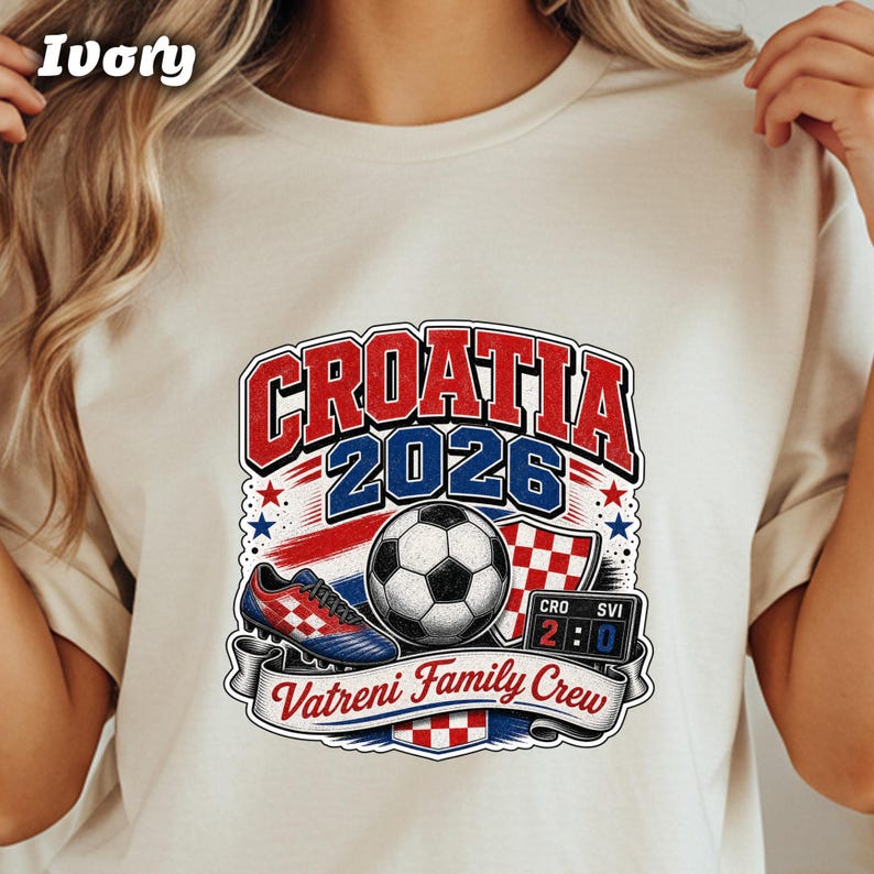 Croatia 2026 Vatreni Family Crew shirt with soccer ball, cleats, and score graphic.