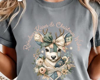 Christmas Reindeer T-Shirt, Patchwork Deer Comfort Colors Tee, Cute Floral Holiday Shirt, Winter Gift