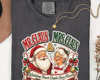Mr and Mrs Claus T-Shirt | Workshop Power Couple Christmas Tee | Festive Holiday Family Matching Shirt | Retro Xmas Gift