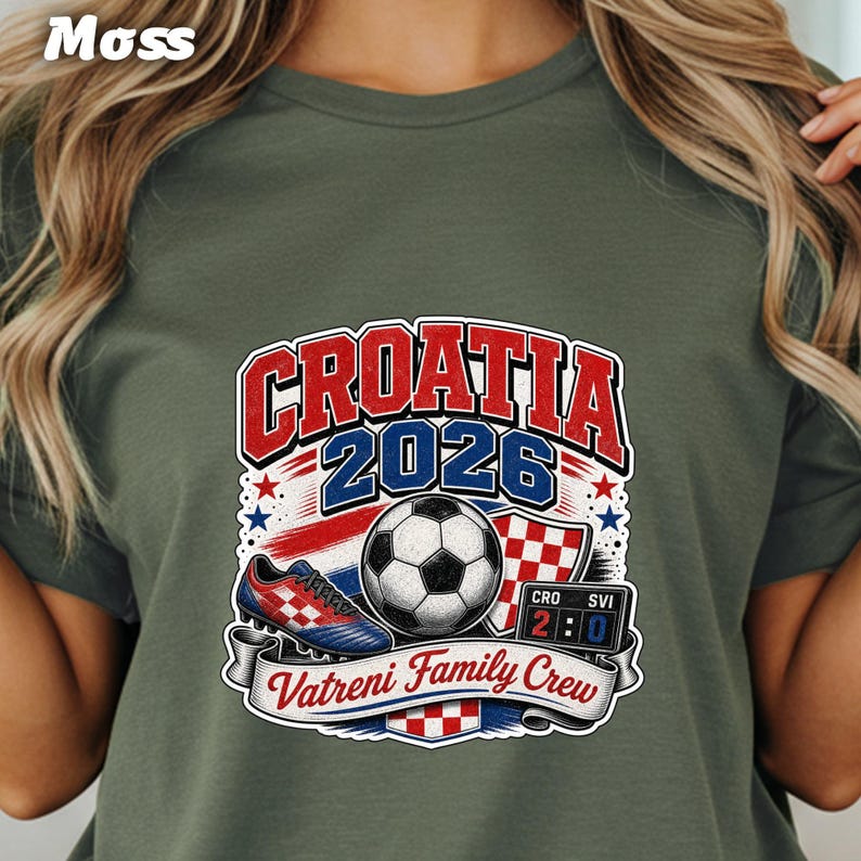 Croatia 2026 Vatreni Family Crew t-shirt with soccer ball and scoreboard.