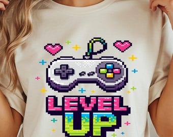 Level Up Gamer T-Shirt | Retro Pixel Art Gaming Tee | Controller Video Game Gift