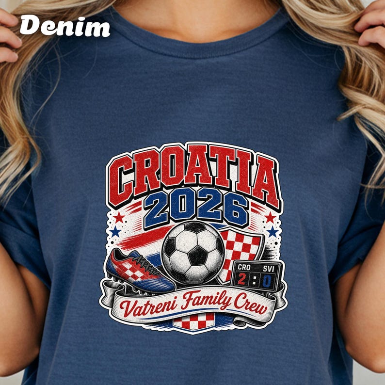 Croatia 2026 Vatreni Family Crew t-shirt with soccer ball and scoreboard.